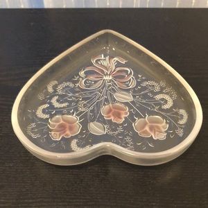 Glass Heart Raised Pink Florals Frosty Accents Bowl Trinket Platter